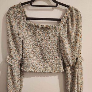 Floral Smocked Green Blouse With Flowy Sheer Long Sleeves by Wild Fable